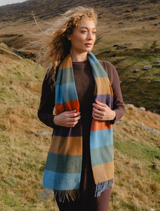 Narrow Lambswool Checked Scarf - Mustard Blue & Orange