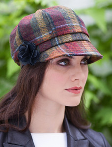 Ladies Tweed Newsboy Hat - Green Brown & Mustard Plaid