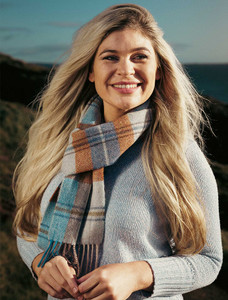 Narrow Lambswool Checked Scarf - Blue Grey & Rust