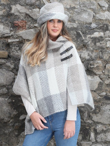 Shawl Collar Herringbone Poncho - Multi-Beige