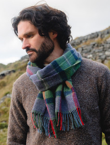 Narrow Lambswool Checked Scarf - Purple Green & Navy